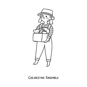 Image à colorier d’une agricultrice kawaii avec des fruits récoltés