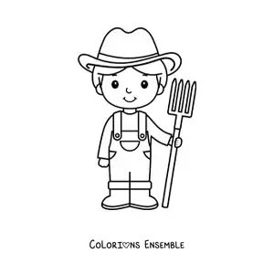 Image à colorier d'un petit agriculteur kawaii tout mignon tenant une fourche