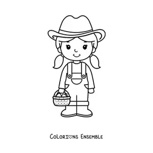 Image à colorier d'une petite agricultrice kawaii toute mignonne tenant une fourche