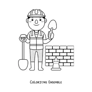 Image à colorier d'un maçon en train de construire un mur
