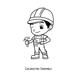 Image à colorier d'un ouvrier du bâtiment kawaii tout mignon