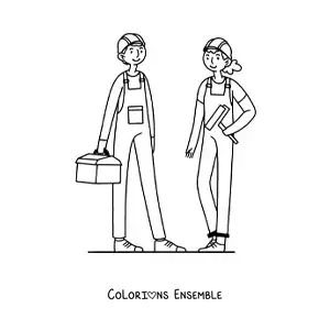 Image à colorier d'un homme et d'une femme qui exercent le métier de maçon