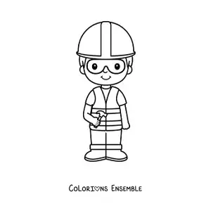 Image à colorier d'un petit maçon kawaii avec un casque et un marteau