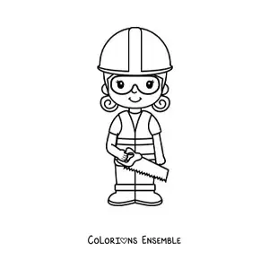 Image à colorier d'une petite maçonne kawaii avec un casque et une scie