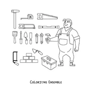 Image à colorier d'un maçon avec ses outils de construction