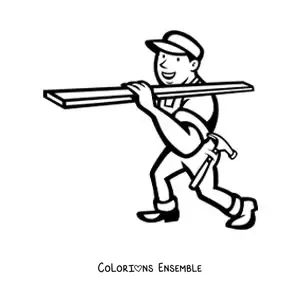 Image à colorier d'un ouvrier du bâtiment avec une planche et un marteau