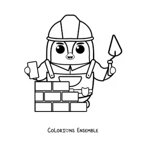 Image à colorier d'un pingouin maçon qui construit un mur avec des briques et du ciment