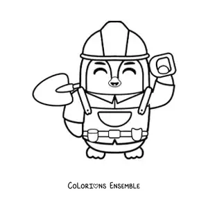 Image à colorier d'un pingouin maçon kawaii tout mignon avec une pelle