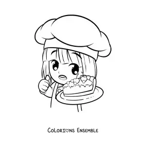 Image à colorier d'une cheffe pâtissière kawaii toute mignonne avec une part de gâteau