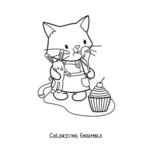 Image à colorier d'un petit chat pâtissier kawaii tout mignon avec un cupcake