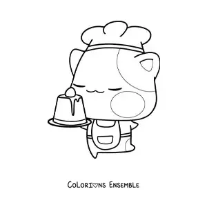 Image à colorier d'un petit chat pâtissier kawaii tout mignon avec un dessert