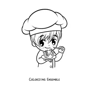 Image à colorier d'un chef pâtissier kawaii tout mignon avec un dessert