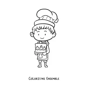 Image à colorier d'un petit pâtissier kawaii tout mignon avec un gâteau
