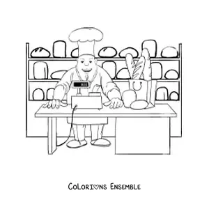 Image à colorier d'un chef pâtissier et d'un boulanger dans la boulangerie