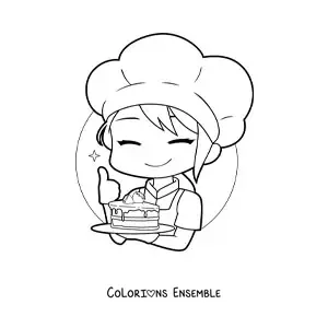 Image à colorier d'une petite pâtissière kawaii avec une part de gâteau