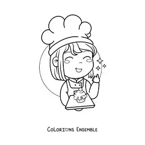 Image à colorier d'une petite pâtissière kawaii avec un cupcake