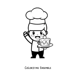 Image à colorier toute simple d'un chef pâtissier kawaii avec un gâteau