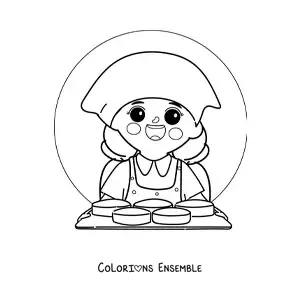 Image à colorier d'une jeune fille qui exerce le métier de pâtissière avec un plateau de gâteaux