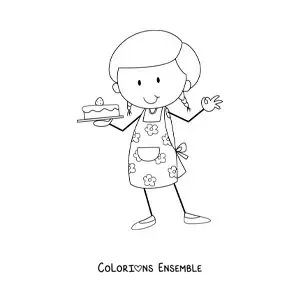 Image à colorier d'une petite fille qui exerce le métier de pâtissière avec un gâteau