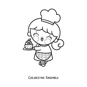 Image à colorier d'une petite pâtissière kawaii avec un cupcake