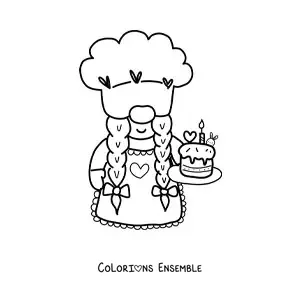 Image à colorier d'un gnome pâtissier kawaii avec un gâteau d'anniversaire