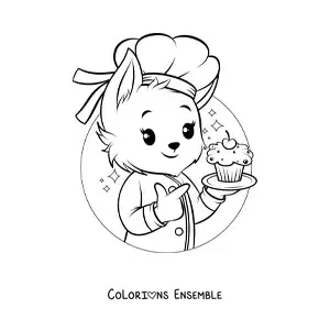 Image à colorier d'un chien pâtissier kawaii tout mignon avec un cupcake