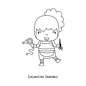 Image à colorier d'une coiffeuse styliste kawaii avec un sèche-cheveux et des ciseaux