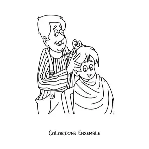 Image à colorier d'un barbier qui coupe les cheveux d'un petit garçon