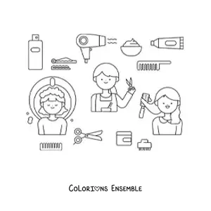 Image à colorier du métier de coiffeuse et de ses outils