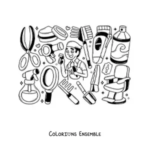 Image à colorier du métier de barbier avec son fauteuil et ses outils