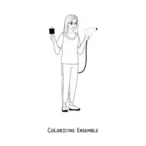 Image à colorier d'une coiffeuse avec un peigne et un sèche-cheveux
