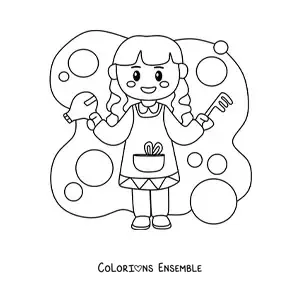Image à colorier d'une coiffeuse toute mignonne avec un peigne et un sèche-cheveux