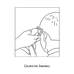 Image à colorier d'un barbier qui rase un client avec une tondeuse