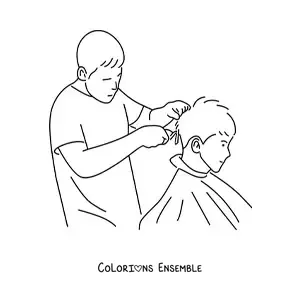 Image à colorier d'un barbier qui coupe les cheveux d'un client