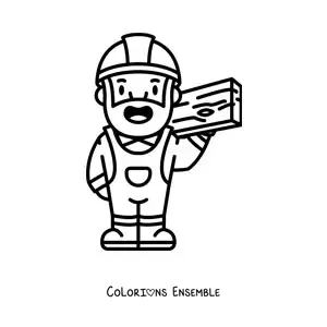 Image à colorier d'un charpentier kawaii avec une planche de bois