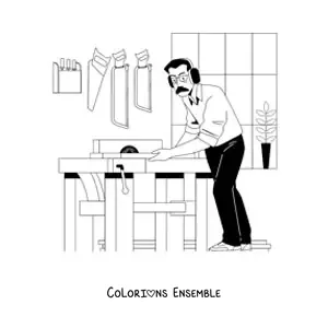 Image à colorier d'un charpentier qui coupe du bois dans l'atelier