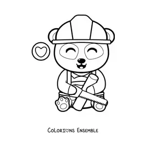 Image à colorier d'un panda charpentier kawaii qui coupe du bois