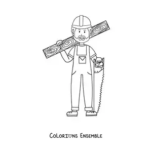 Image à colorier d'un homme qui exerce le métier de charpentier avec une planche et une scie