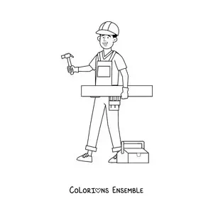 Image à colorier d'un homme qui exerce le métier de charpentier avec ses outils