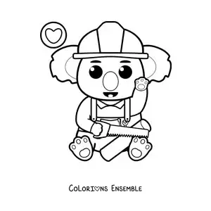 Image à colorier d'un koala charpentier kawaii qui coupe du bois