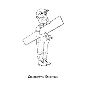Image à colorier d'un homme qui exerce la profession de charpentier avec une planche et un marteau