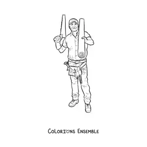 Image à colorier réaliste d'un charpentier avec ses outils