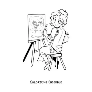 Image à colorier d'une peintre artistique en train de créer une oeuvre