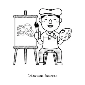 Image à colorier d'un peintre artistique en train de peindre un tableau