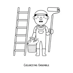 Image à colorier d'un homme qui exerce le métier de peintre avec un rouleau et une échelle