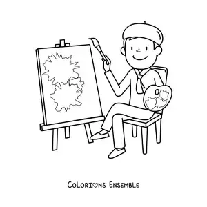 Image à colorier d'un artiste français tout mignon en train de peindre un tableau