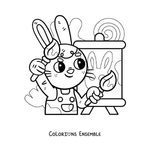 Image à colorier d'un lapin peintre kawaii tout mignon en train de peindre un tableau