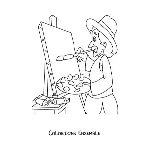 Image à colorier de Van Gogh tout mignon en train de peindre un tableau
