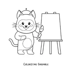 Image à colorier d'un chat peintre kawaii tout mignon en train de peindre un tableau