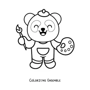 Image à colorier toute simple d'un panda peintre kawaii avec une palette et un pinceau